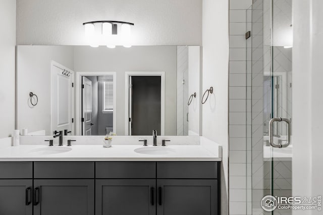 bathroom featuring a shower stall, double vanity, and a sink