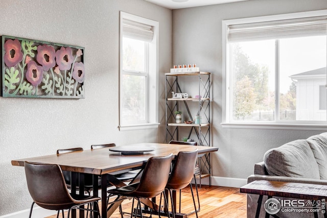 dining space with wood finished floors, a healthy amount of sunlight, baseboards, and a textured wall