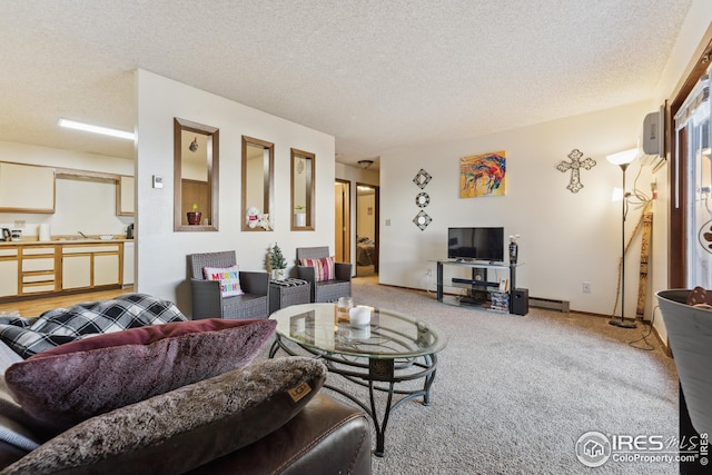 carpeted living area featuring a sink, baseboards, baseboard heating, and a textured ceiling