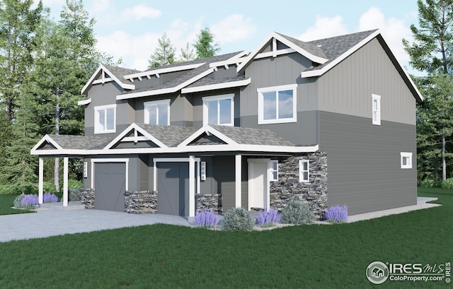 4732 Whistler Dr, Loveland, CO 80538 - view of front of home featuring stone siding, a shingled roof, a front yard, and a patio area