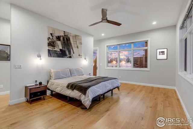 8568 Foxhaven Ct, Niwot, CO 80503 - bedroom with light wood finished floors, recessed lighting, and a ceiling fan