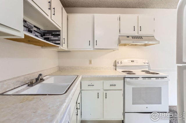 5126 Williams Fork Trl Unit 206, Boulder, CO 80301 - kitchen featuring light countertops, white cabinets, under cabinet range hood, electric stove, and a sink