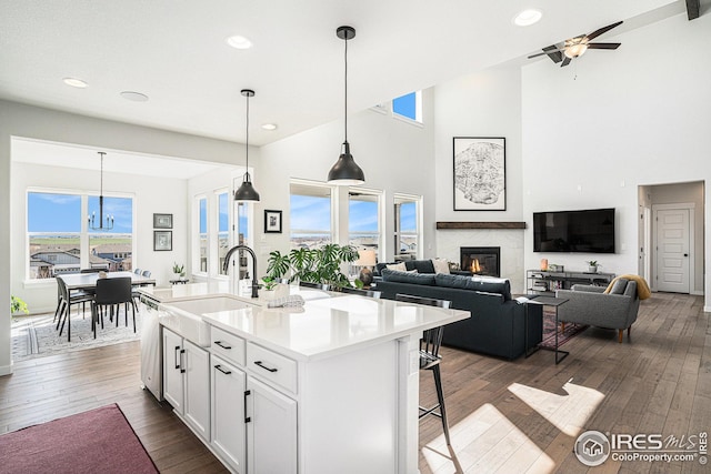 kitchen with dark wood-style floors, white cabinets, a healthy amount of sunlight, and a sink