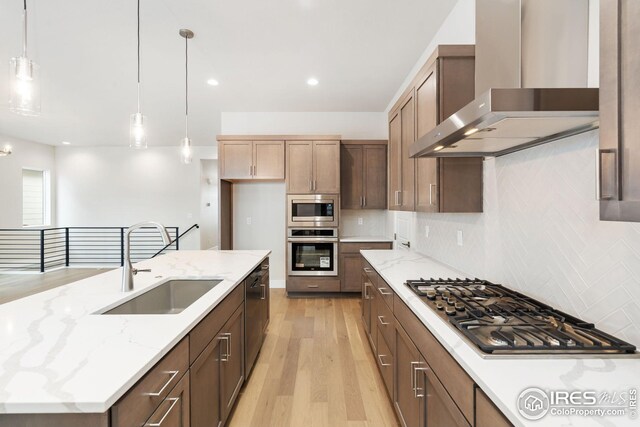 kitchen with a sink, wall chimney exhaust hood, tasteful backsplash, light wood-type flooring, and stainless steel appliances