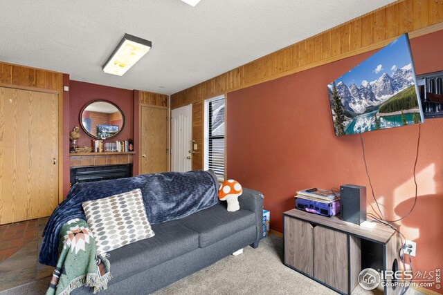 living room with carpet flooring, wood walls, and a textured ceiling