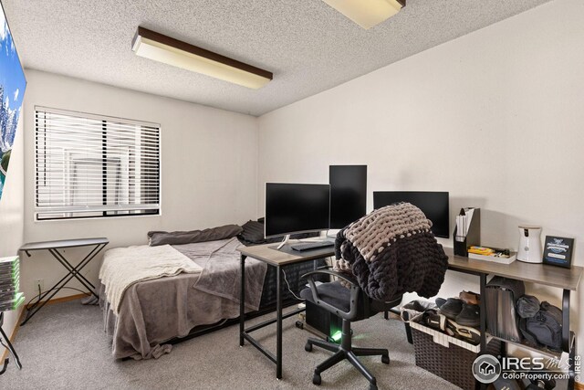 carpeted bedroom with a textured ceiling