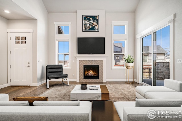 living room with plenty of natural light, baseboards, wood finished floors, and a fireplace
