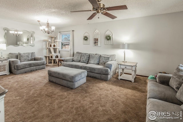 701 43rd Ave, Greeley, CO 80634 - carpeted living area with ceiling fan with notable chandelier, baseboards, and a textured ceiling