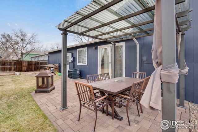12901 E Idaho Dr, Aurora, CO 80012 - view of patio / terrace with a pergola, cooling unit, outdoor dining area, and fence