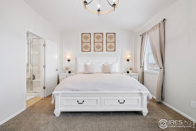 bedroom featuring light carpet, baseboards, vaulted ceiling, and a chandelier