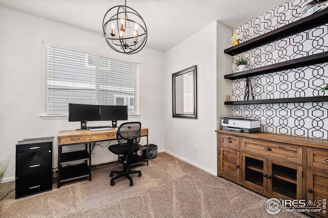 carpeted office with baseboards and a notable chandelier
