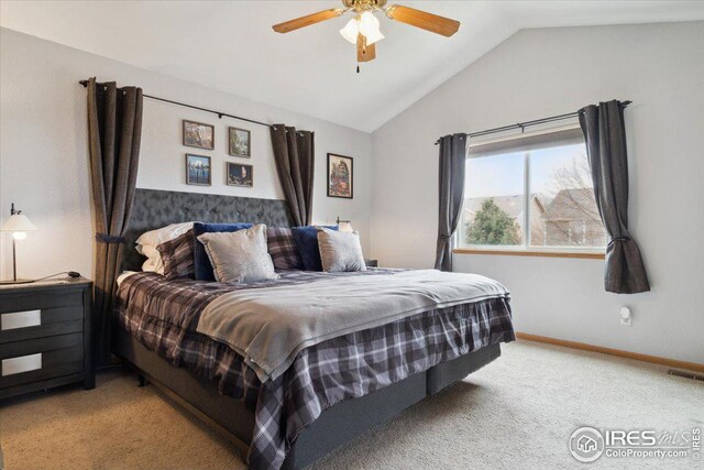1725 67th Ave, Greeley, CO 80634 - bedroom featuring lofted ceiling, baseboards, light colored carpet, visible vents, and ceiling fan
