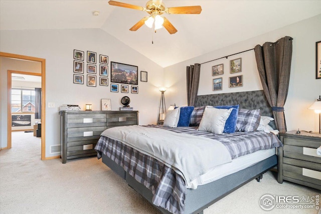 1725 67th Ave, Greeley, CO 80634 - carpeted bedroom featuring visible vents, vaulted ceiling, and ceiling fan