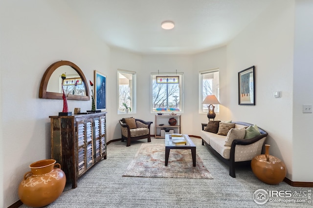 carpeted living area featuring baseboards