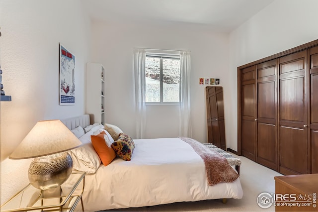 bedroom with a closet and light colored carpet