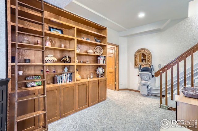 office area featuring light carpet, baseboards, and recessed lighting