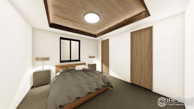 bedroom with wooden ceiling and a tray ceiling
