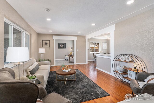 191 Emerald St, Broomfield, CO 80020 - living room featuring baseboards, a textured wall, wood finished floors, and recessed lighting