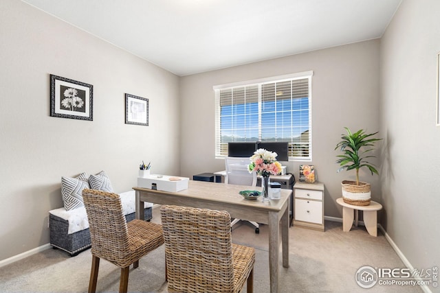 office area with light colored carpet and baseboards