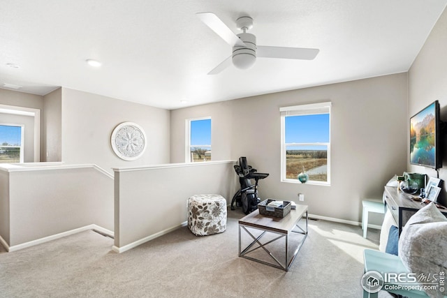 sitting room with an upstairs landing, carpet, and a healthy amount of sunlight