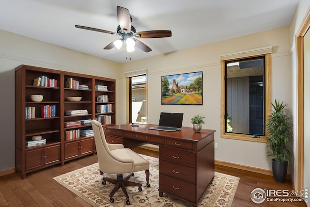 1132 Fairway Club Ln Unit 2, Estes Park, CO 80517 - home office featuring dark wood-style flooring, a ceiling fan, and baseboards