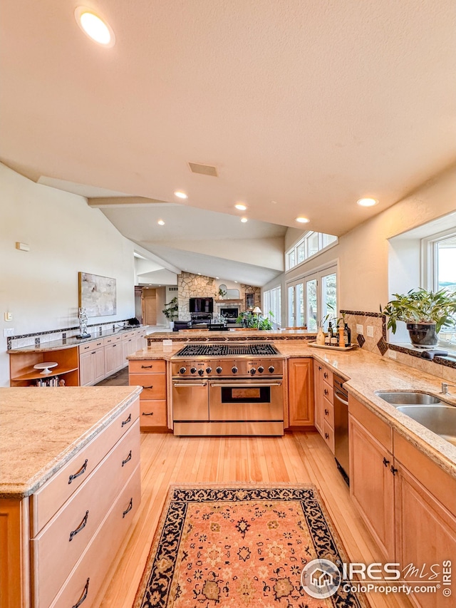 kitchen featuring stainless steel appliances, vaulted ceiling, plenty of natural light, light wood-style floors, and light stone countertops