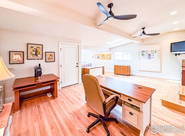 office with a ceiling fan, light wood finished floors, baseboards, and recessed lighting