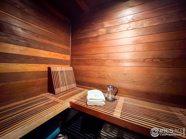 sauna / steam room featuring wooden walls