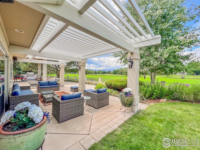 view of patio featuring a pergola and outdoor lounge area