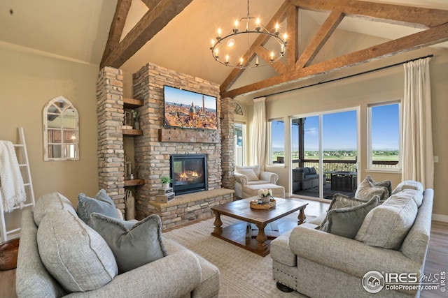living area with high vaulted ceiling, wood finished floors, a stone fireplace, beamed ceiling, and baseboards