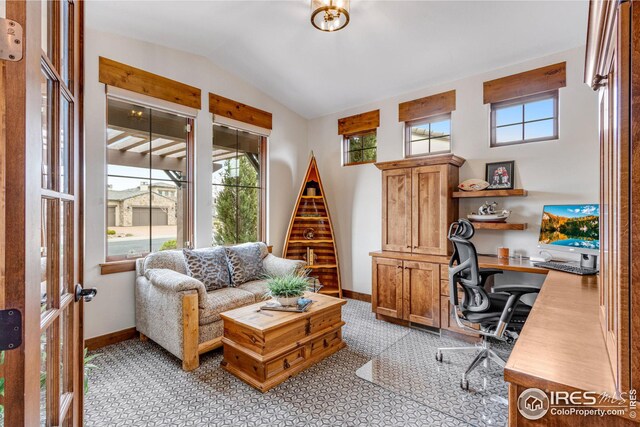 3865 Valley Crest Dr, Timnath, CO 80547 - home office with baseboards and vaulted ceiling