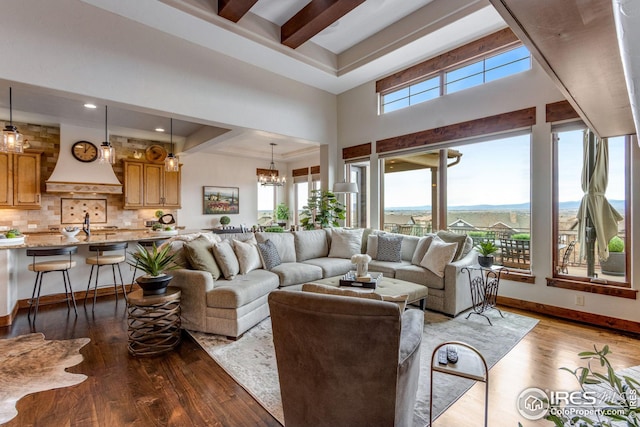 3865 Valley Crest Dr, Timnath, CO 80547 - living room featuring baseboards, dark wood-style flooring, beam ceiling, and plenty of natural light