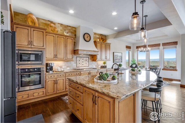 3865 Valley Crest Dr, Timnath, CO 80547 - kitchen with custom range hood, tasteful backsplash, appliances with stainless steel finishes, and dark wood finished floors