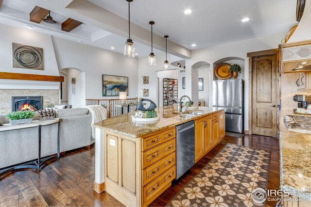 3865 Valley Crest Dr, Timnath, CO 80547 - kitchen with stainless steel appliances, arched walkways, dark wood-type flooring, a sink, and open floor plan