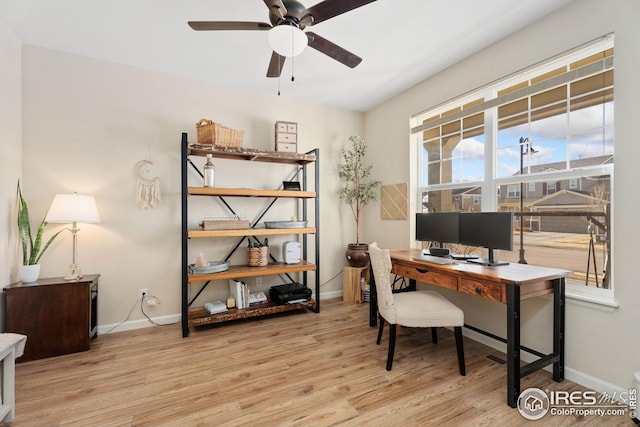 office featuring baseboards, light wood-style floors, and ceiling fan