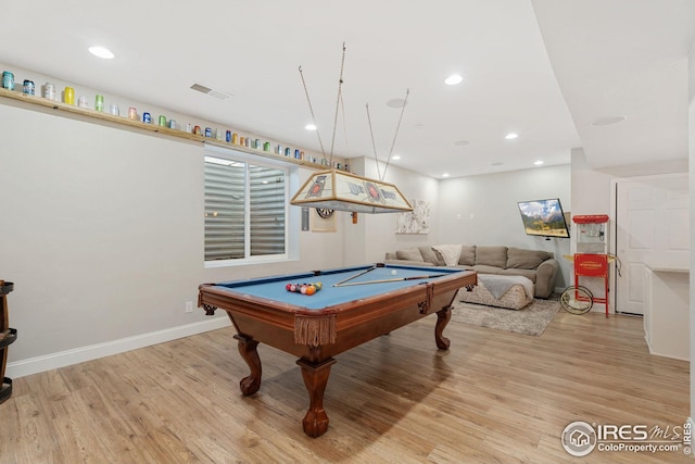 game room with recessed lighting, pool table, light wood finished floors, and visible vents