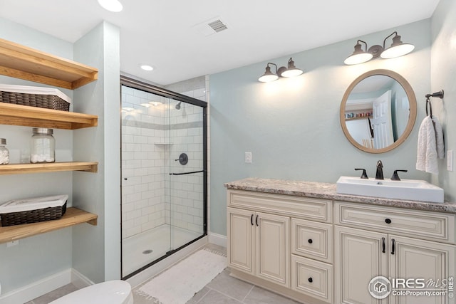 full bathroom featuring visible vents, a shower stall, baseboards, tile patterned floors, and vanity