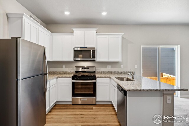 kitchen with white cabinetry, a sink, stainless steel appliances, and a peninsula