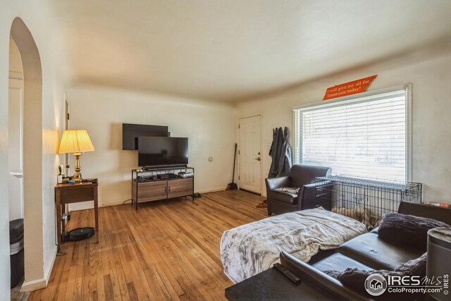 bedroom with arched walkways, baseboards, and wood finished floors