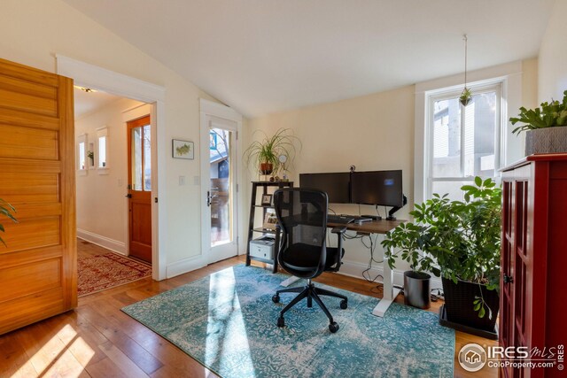 1016 Katy Ln, Longmont, CO 80504 - home office featuring wood-type flooring, baseboards, and lofted ceiling