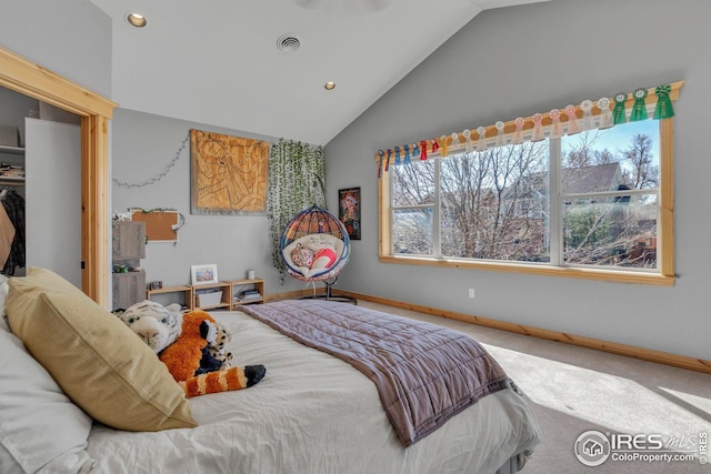carpeted bedroom featuring lofted ceiling, visible vents, recessed lighting, and baseboards
