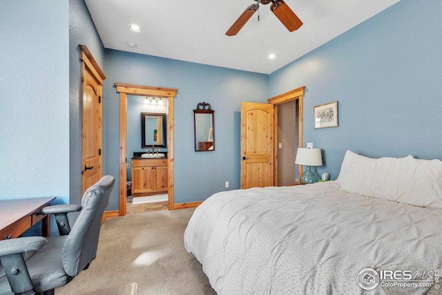 bedroom featuring recessed lighting, connected bathroom, light carpet, ceiling fan, and baseboards
