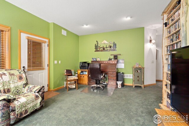 home office with baseboards and carpet