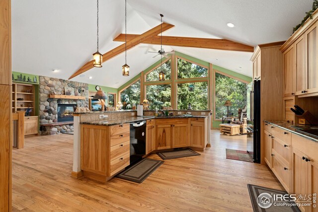 kitchen with a fireplace, freestanding refrigerator, light wood-style floors, and dishwasher