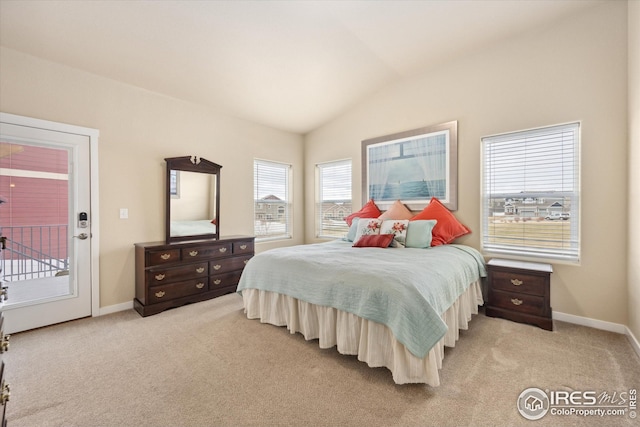 bedroom featuring access to outside, light carpet, baseboards, and lofted ceiling