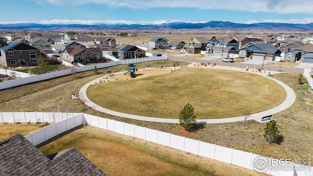 birds eye view of property featuring a residential view and a mountain view