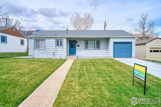 325 27th St, Boulder, CO 80305 - ranch-style home featuring a front yard, driveway, a garage, and roof with shingles
