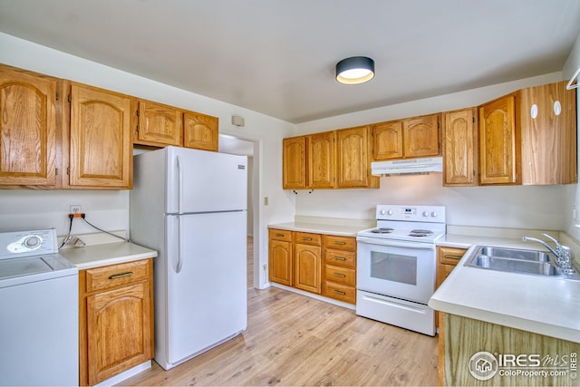325 27th St, Boulder, CO 80305 - kitchen with white appliances, under cabinet range hood, a sink, light wood-type flooring, and washer / dryer