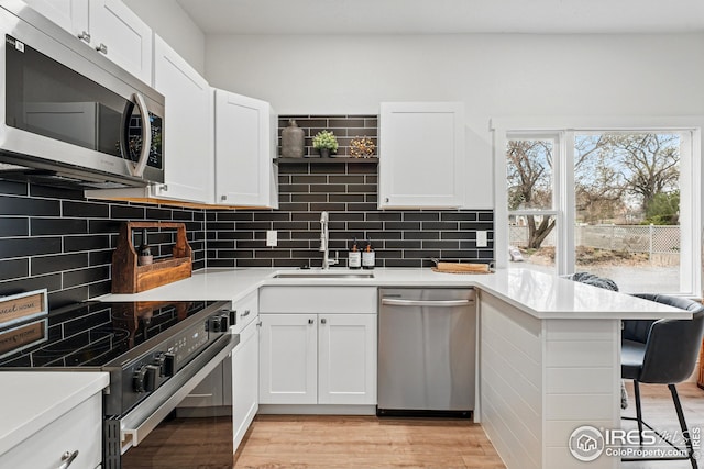 219 N Washington Ave, Loveland, CO 80537 - kitchen with light countertops, stainless steel appliances, a sink, and a peninsula