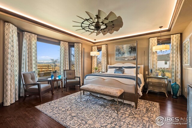 bedroom featuring a tray ceiling, ceiling fan, and hardwood / wood-style flooring